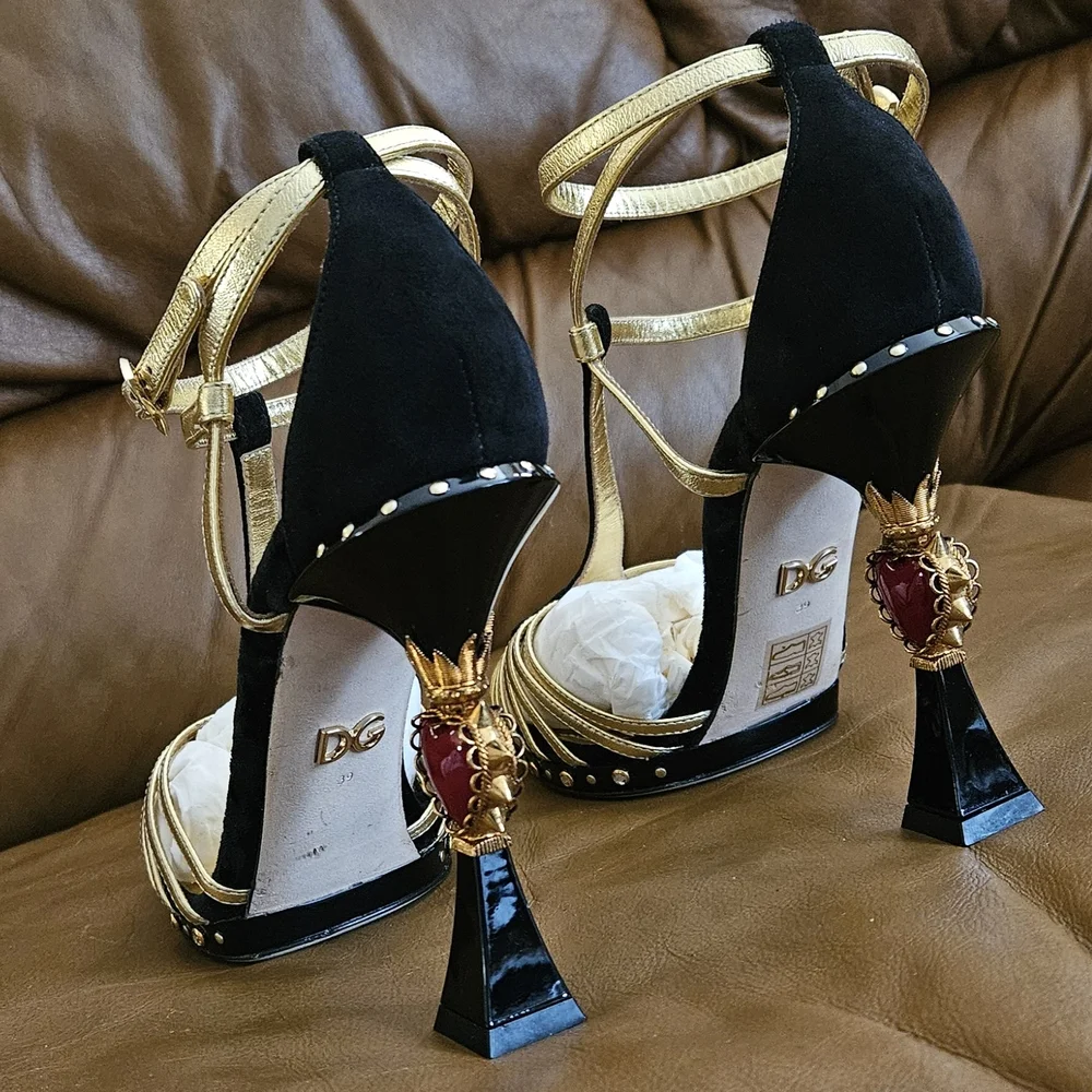 Dolce & Gabbana Black Suede Metallic Gold Leather Luxury Heels Size 8 US (MINT) - Picture 7 of 16